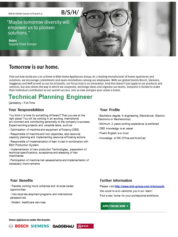 BSH EV ALETLERİ SAN.VE TİC.A.Ş. Technical Planning Engineer İş İlanı