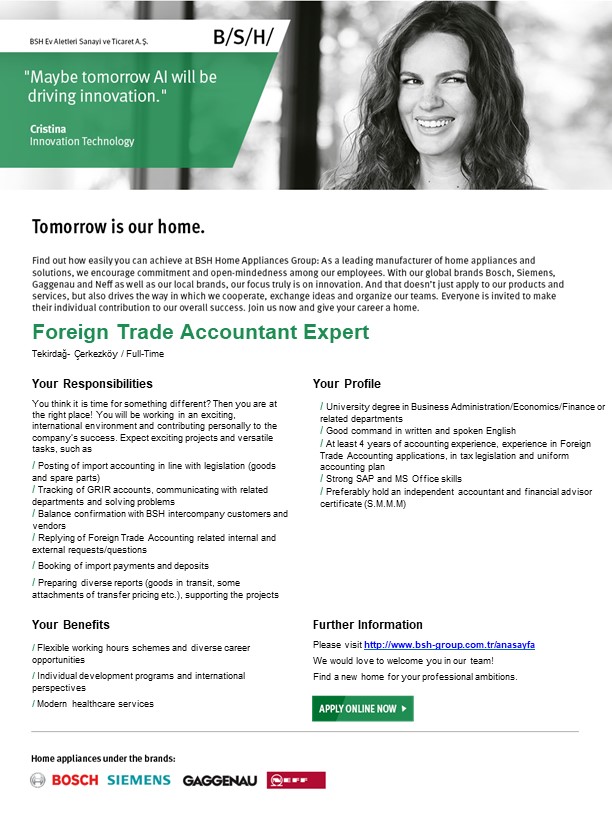 BSH EV ALETLERİ SAN.VE TİC.A.Ş. Foreign Trade Accountant Expert İş İlanı