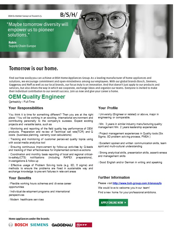 BSH EV ALETLERİ SAN.VE TİC.A.Ş. Oem Quality Engineer İş İlanı